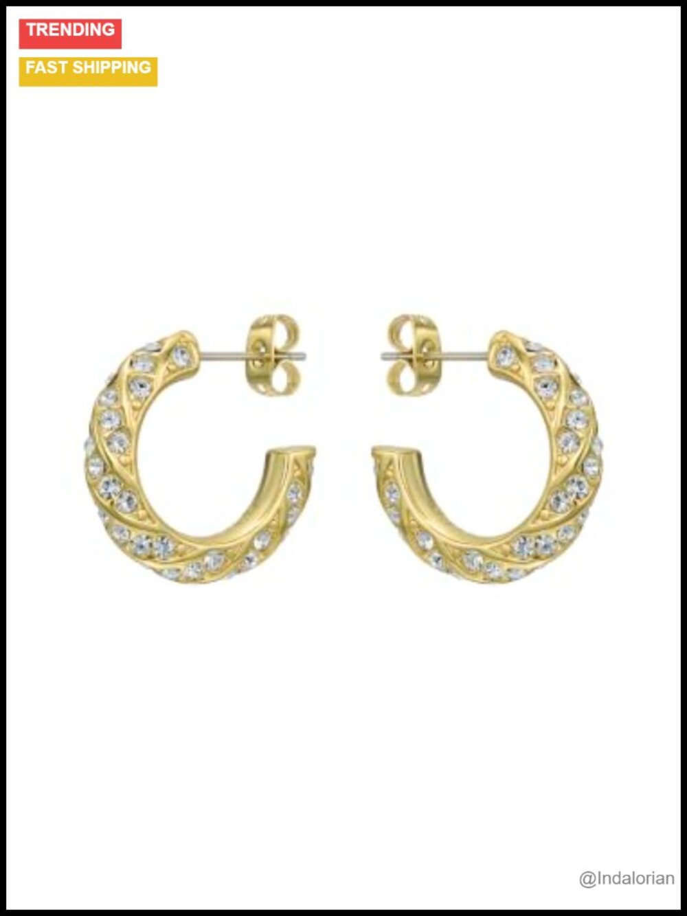 Gold Tone Crystal Twist Hoop Earrings Hypoallergenic Push Back